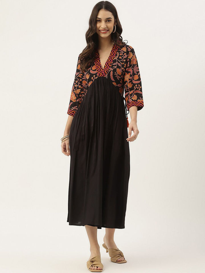 Rustorange Black Ethnic Motifs A-Line Gathered Midi Dress
