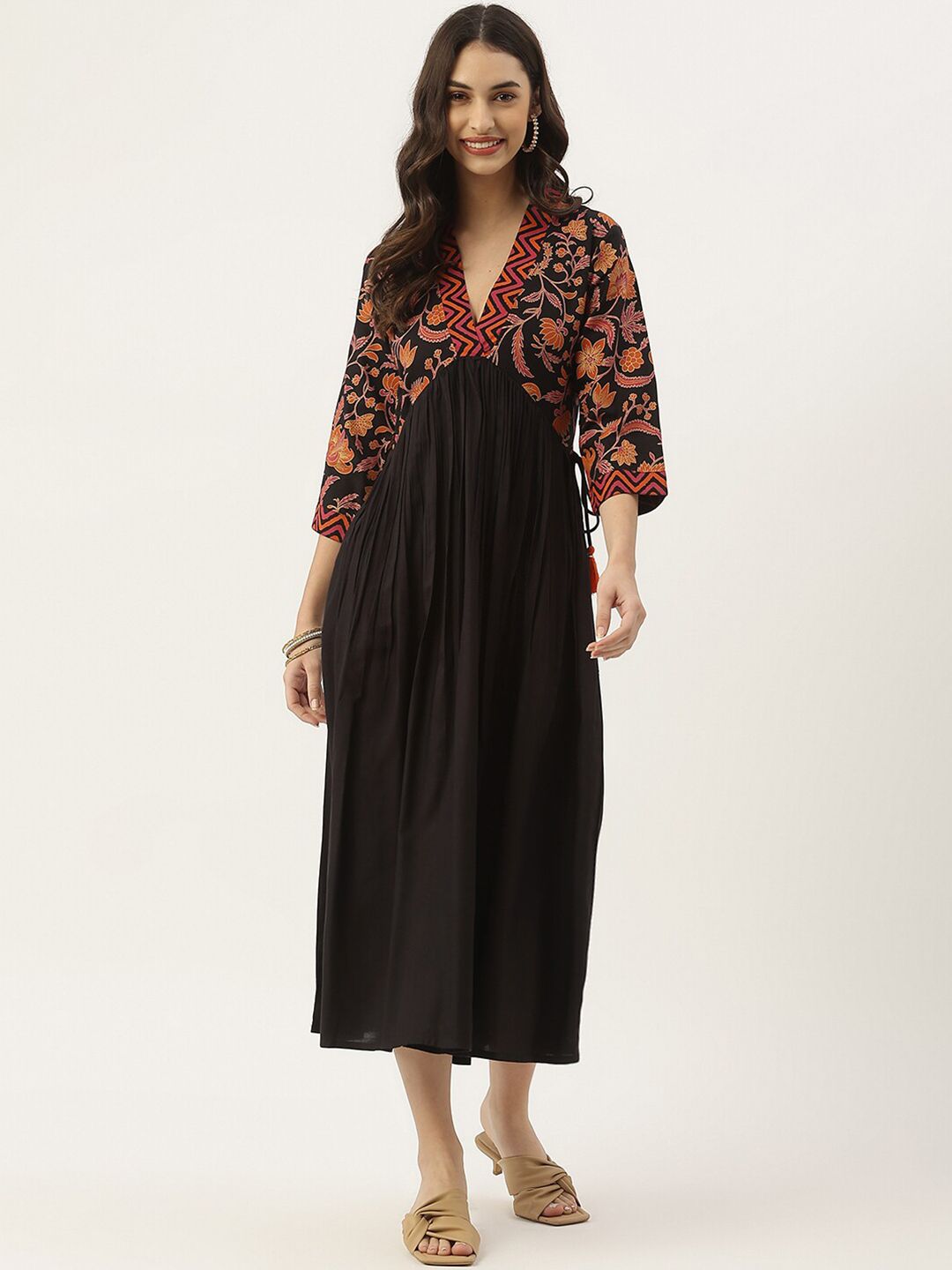 Rustorange Black Ethnic Motifs A-Line Gathered Midi Dress