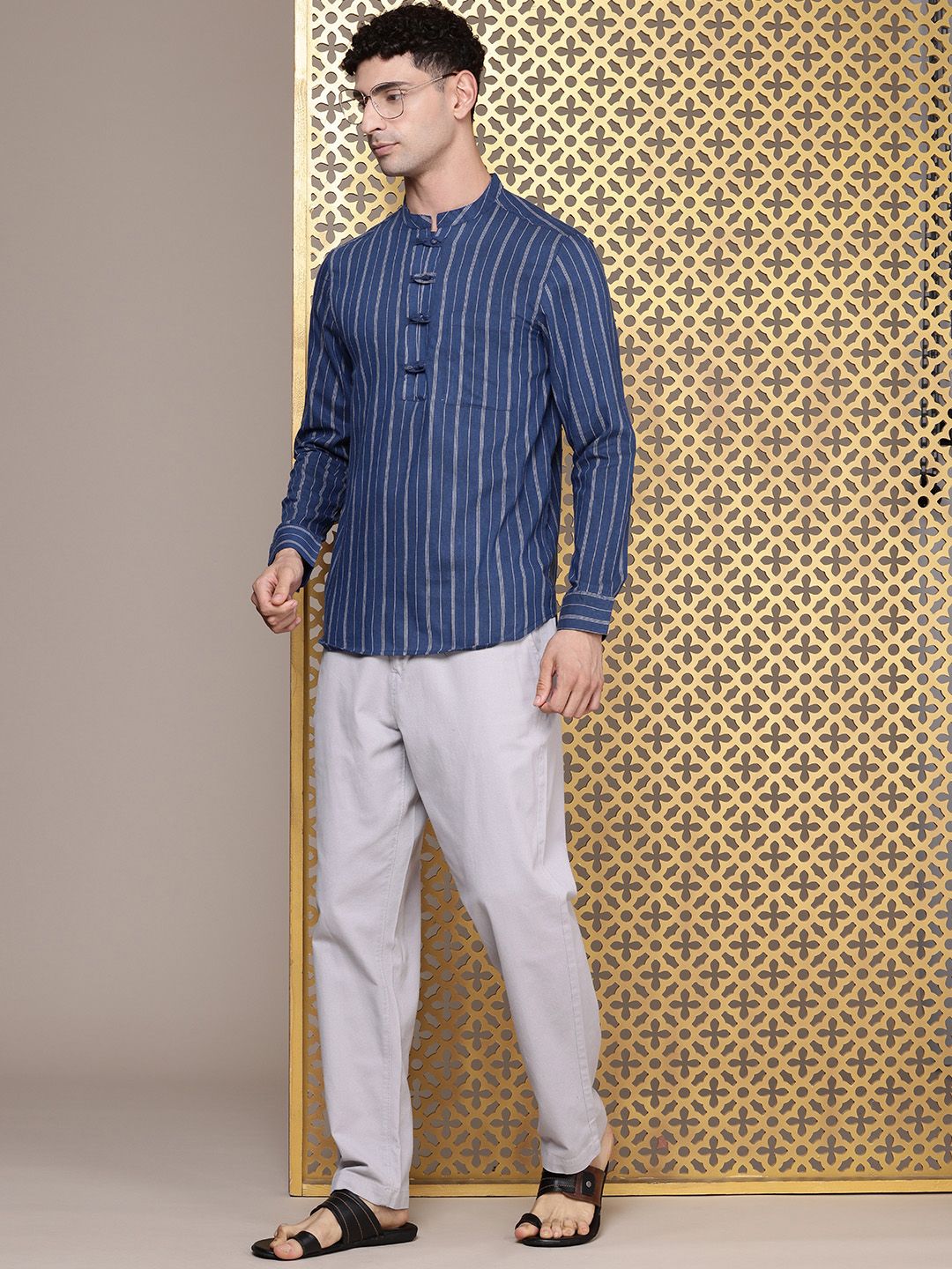 House of Pataudi Mandarin Collar Striped Rozana Kurta