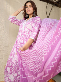 Indo Era Floral Printed V Neck Pure Cotton Panelled A-Line Kurta with Trousers & Dupatta