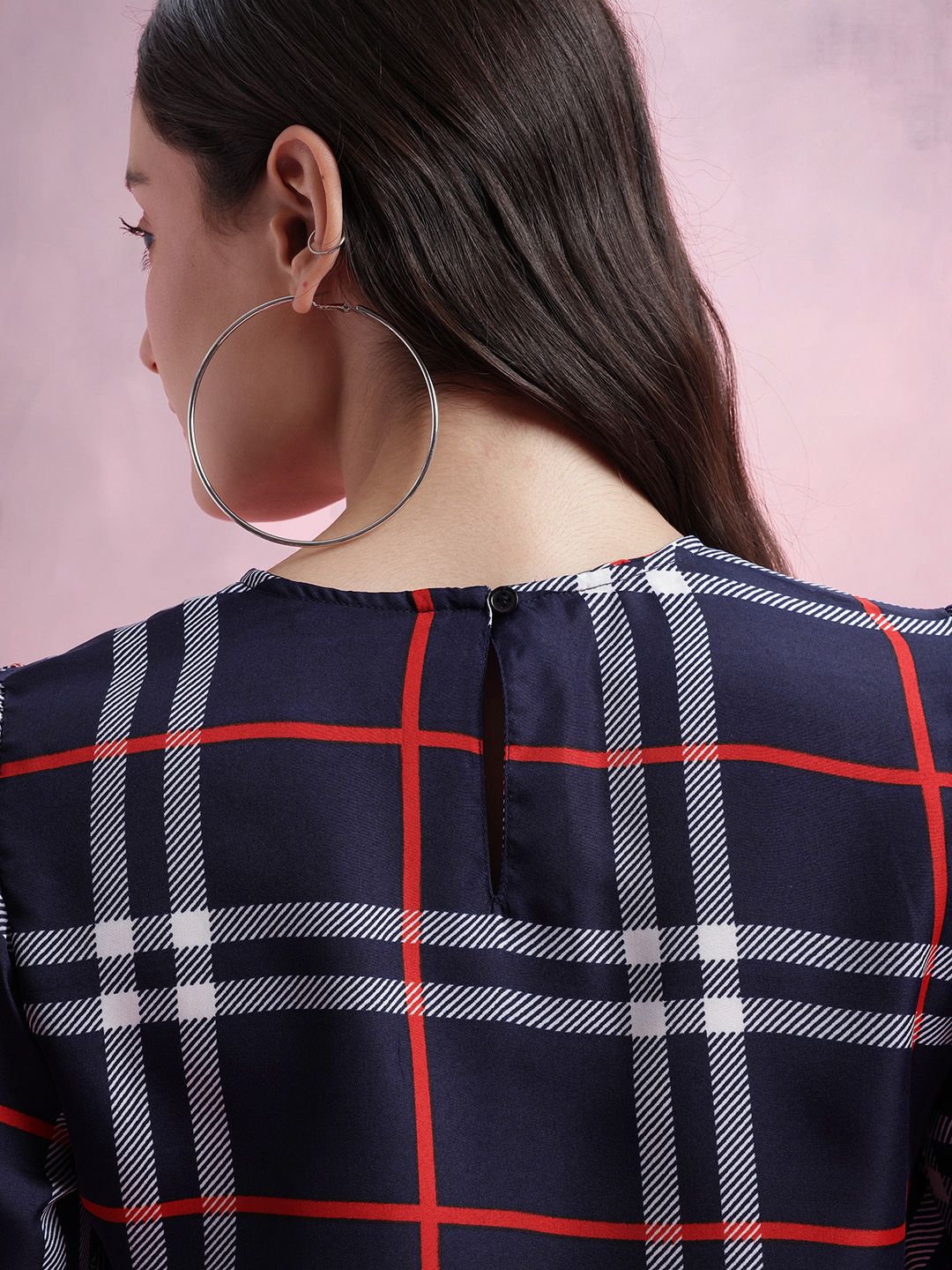 DressBerry Checked Tulip-Style Flared Sleeves Top