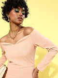 Athena Women Classy Beige Solid Sweetheart Neck Dress