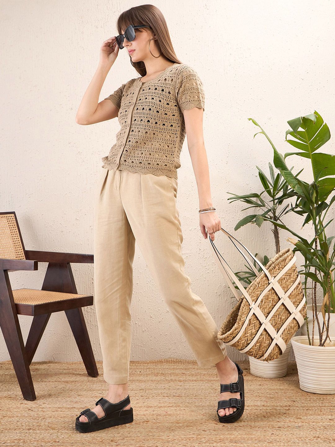 SASSAFRAS Self Design Round Neck Crochet Shirt Style Top