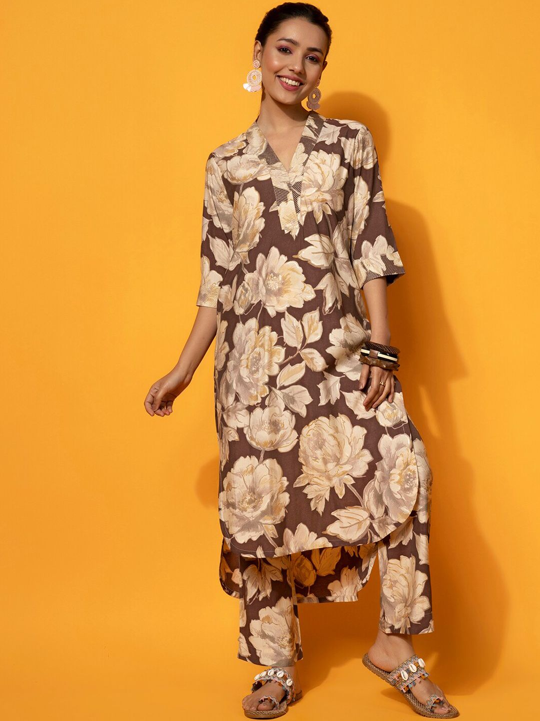 Libas Floral Printed V-Neck Tunic with Palazzo