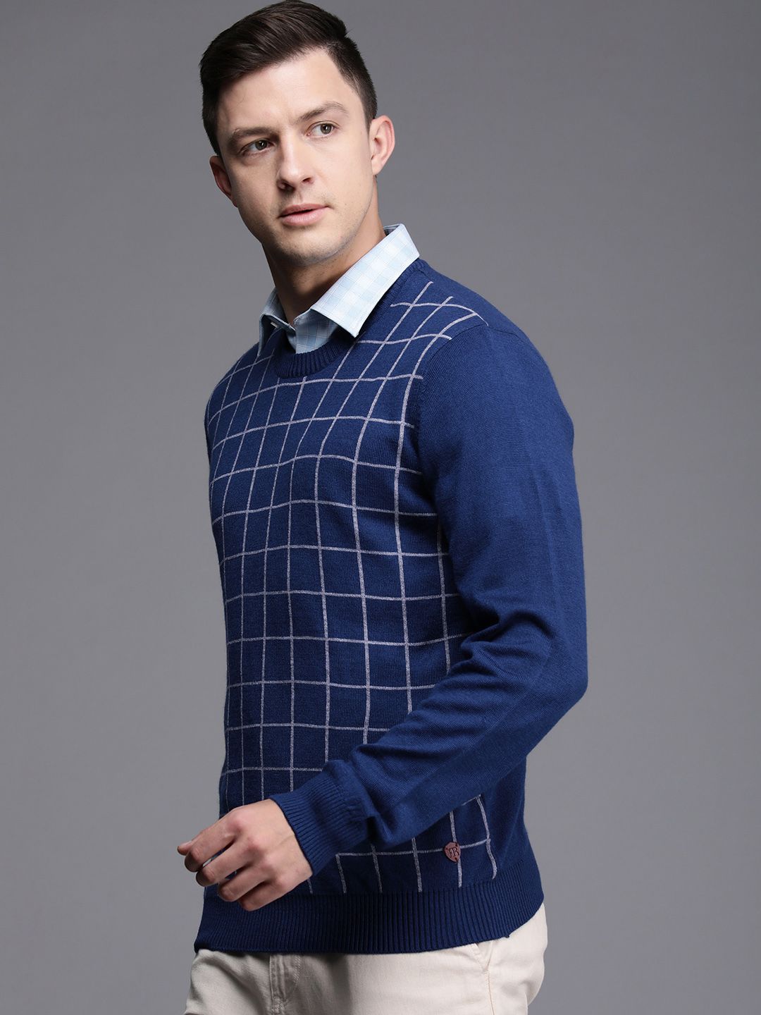 Raymond Men Blue & Grey Checked Pullover