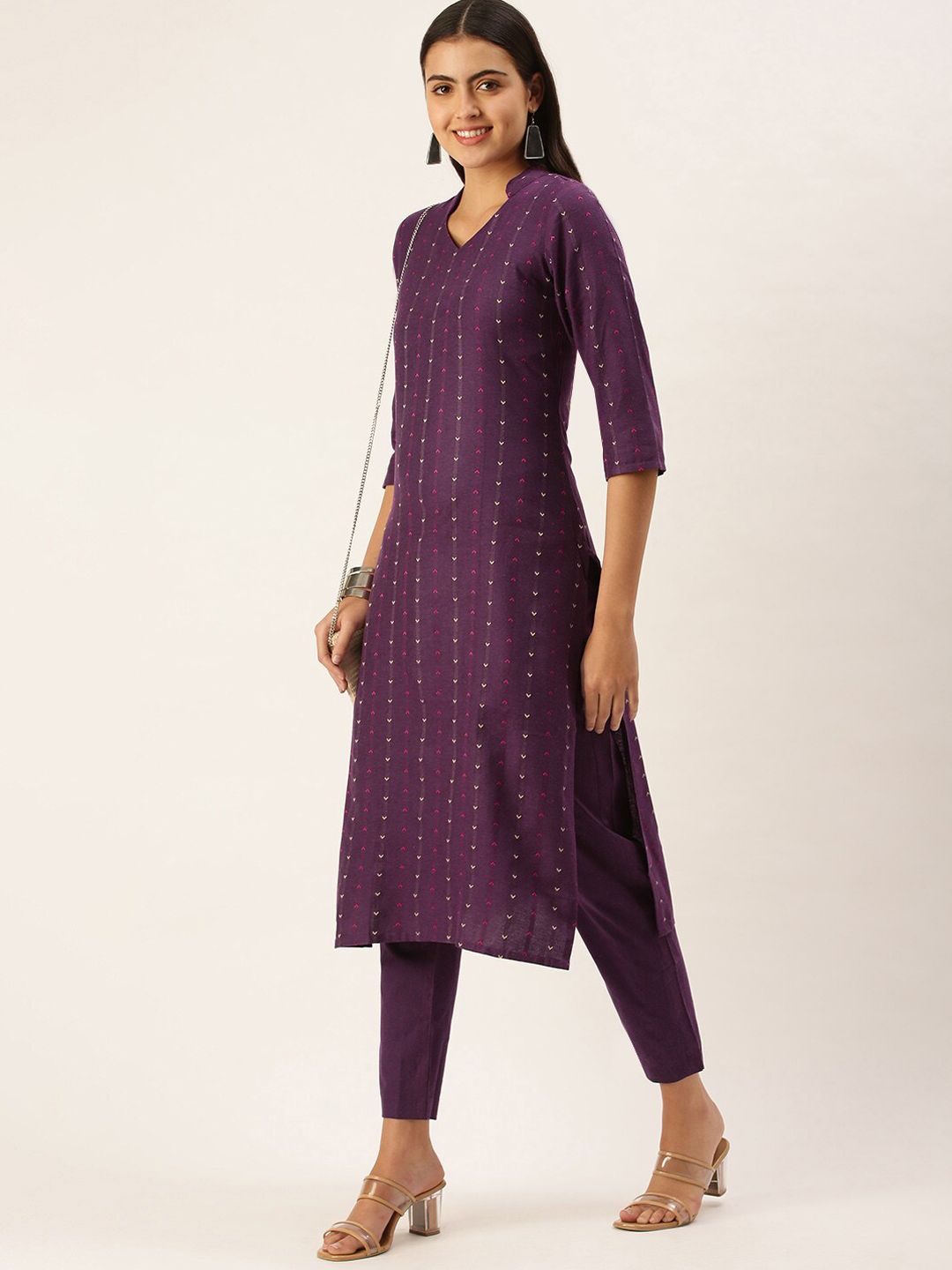 KALINI Striped Woven Design Mandarin Collar Kurta With Trousers