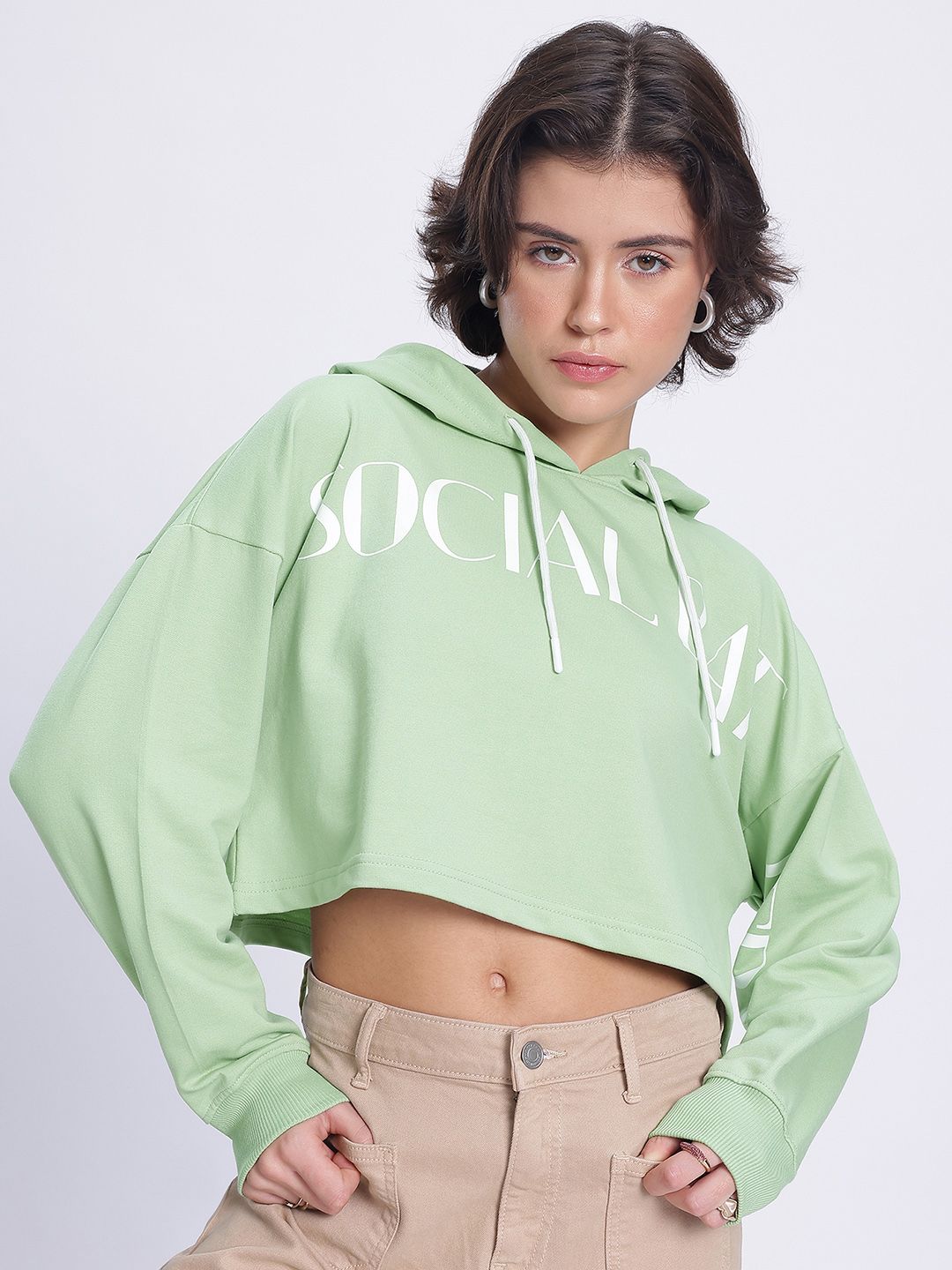 DressBerry Printed Hooded Boxy Crop Sweatshirt