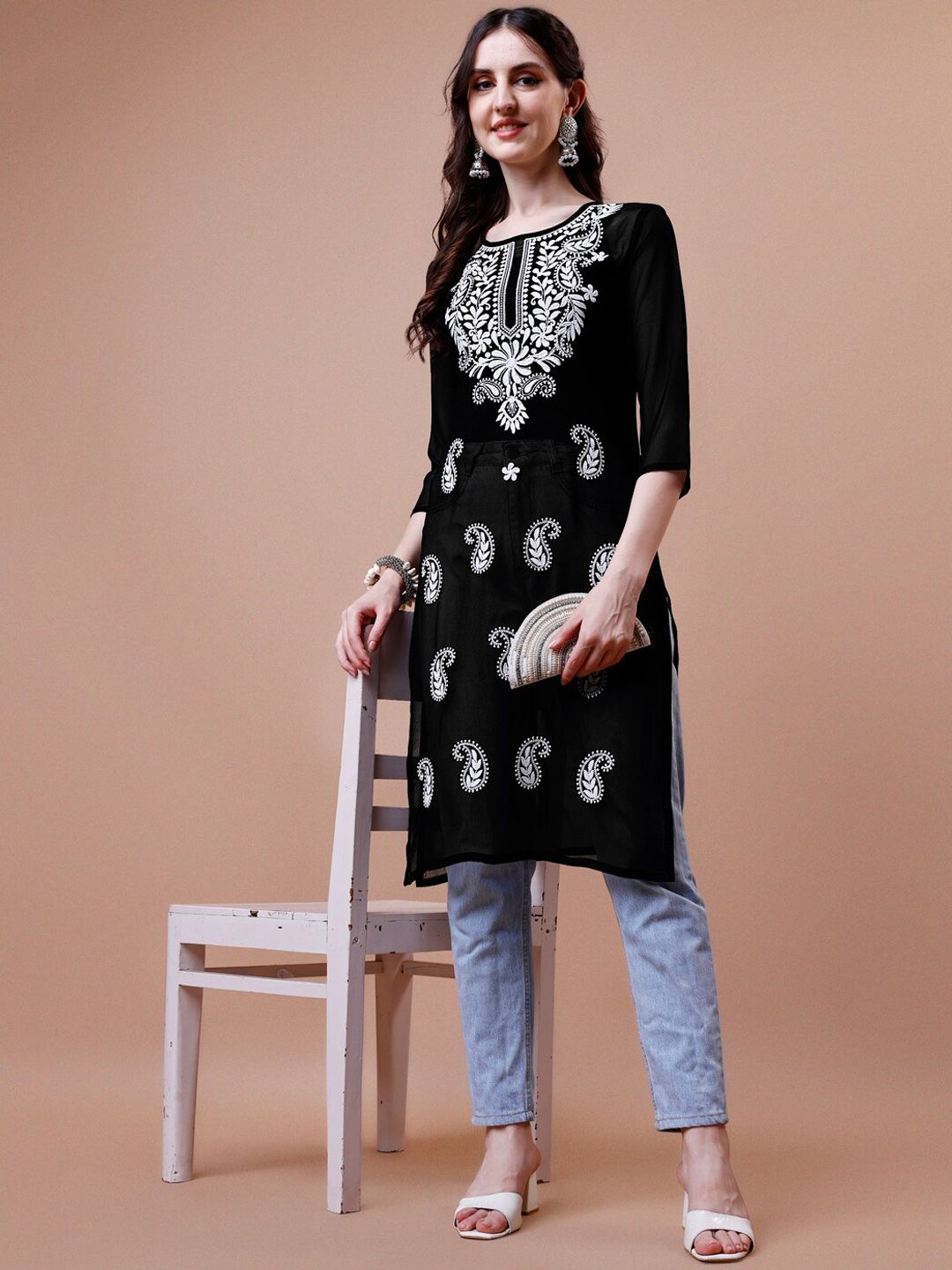 KALINI Embroidered Thread Work Floral Georgette Kurta
