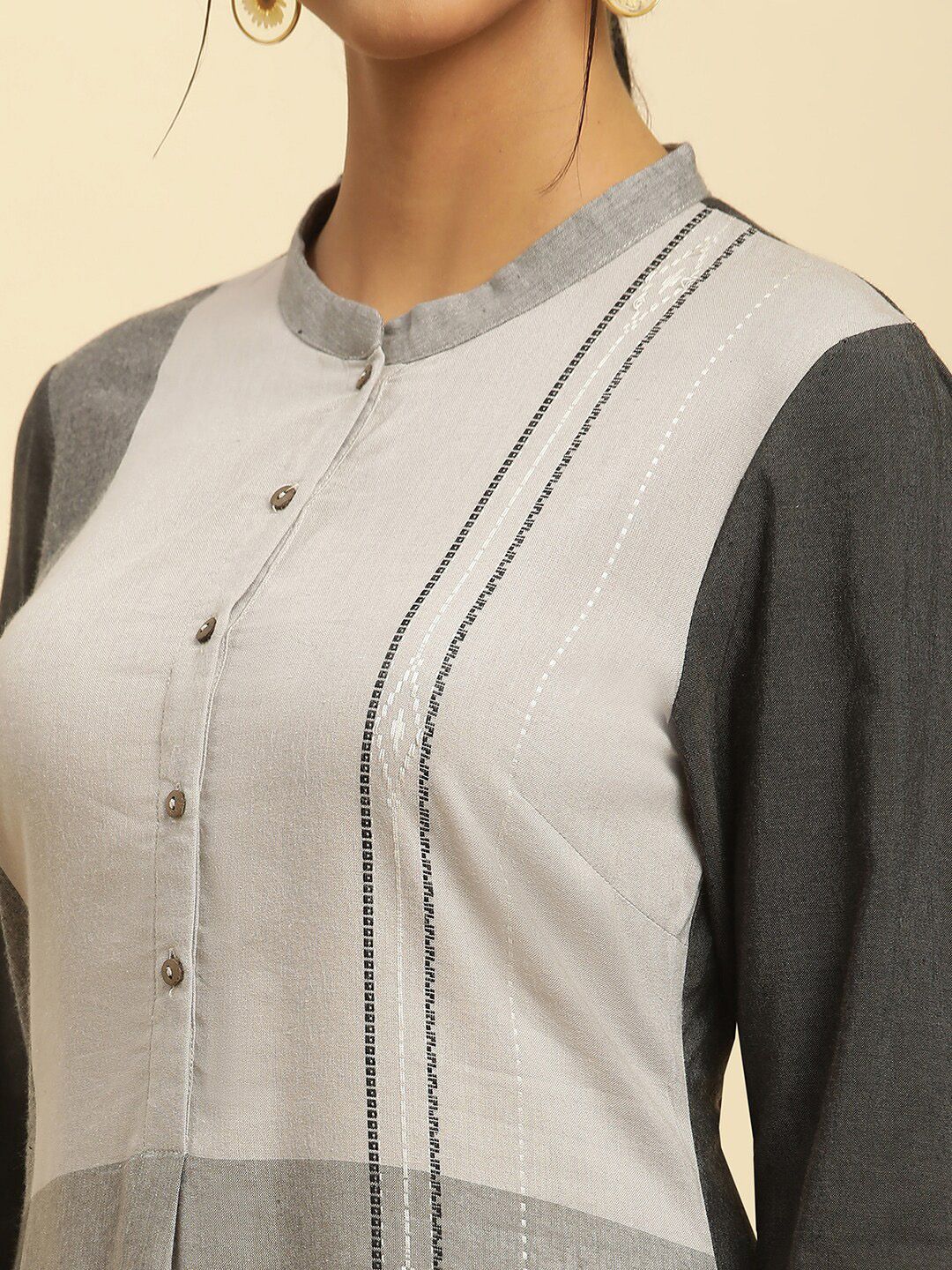 W Grey Mandarin Collar Straight Kurta