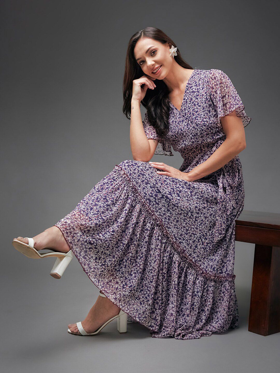 Miss Chase Floral Printed Flared Sleeve Maxi Dress