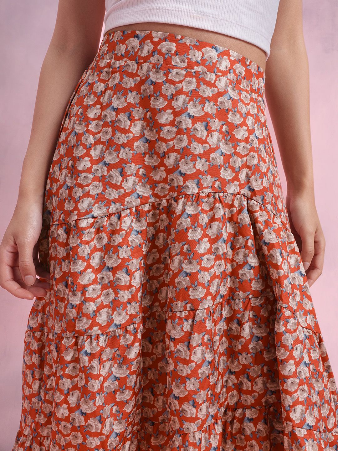 DressBerry Floral Print Tiered Flared Midi Skirt