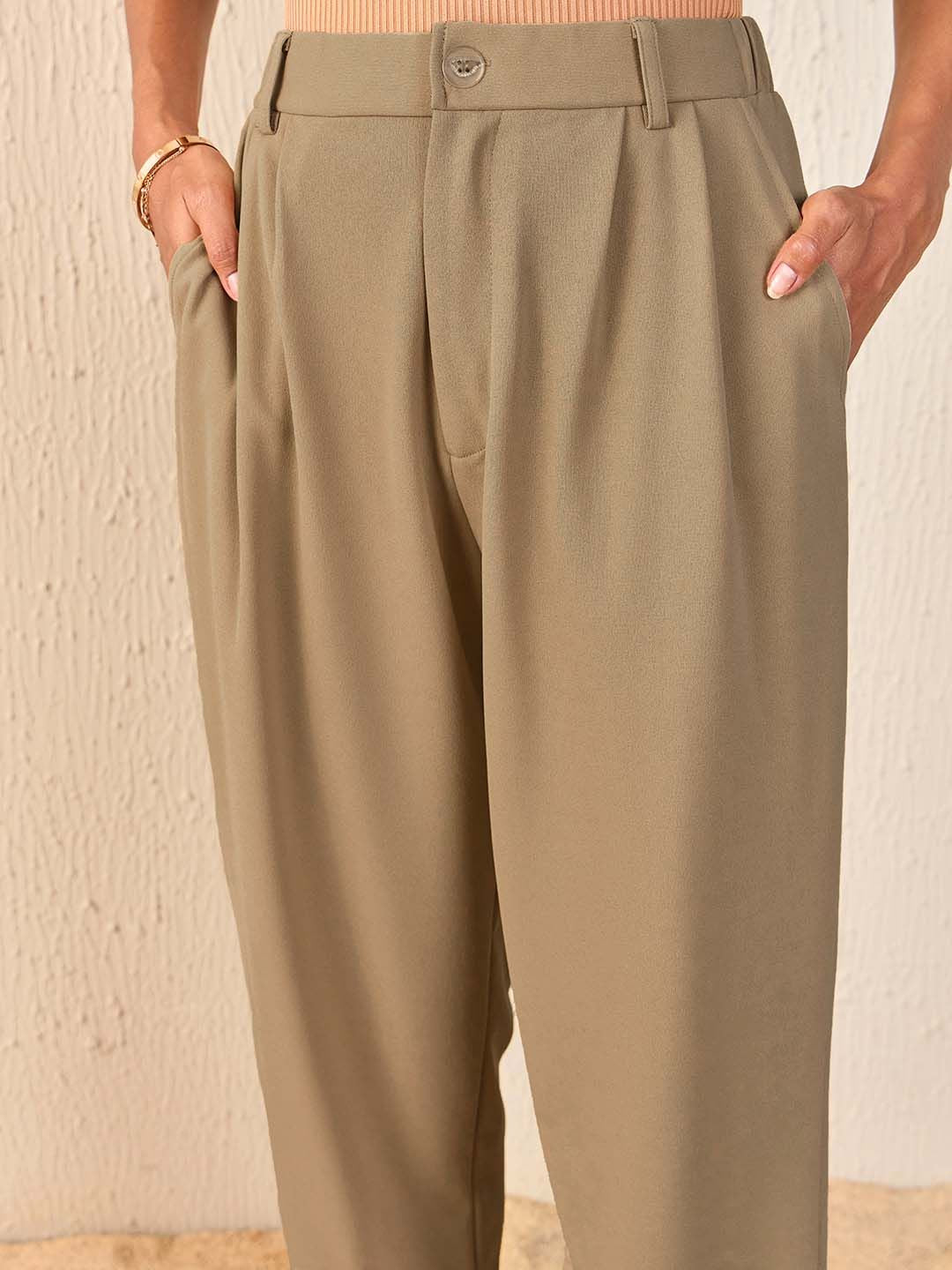 SASSAFRAS Women Beige Tapered Fit High-Rise Peg Trousers