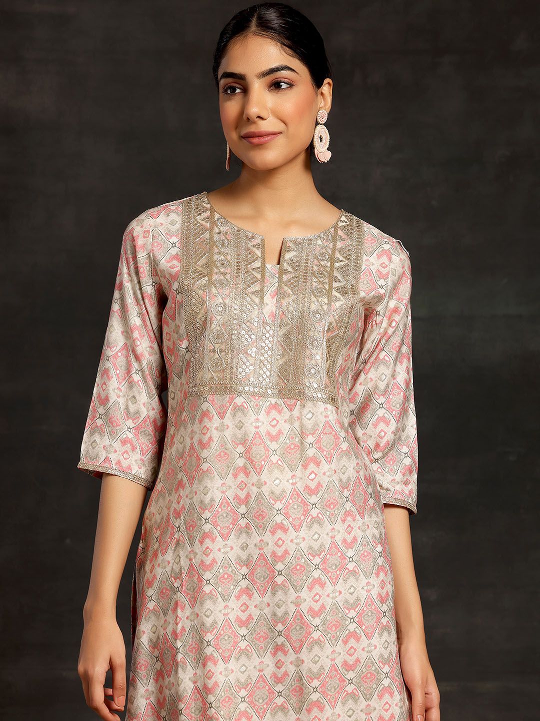 Libas Beige Ethnic Motifs Printed Sequinned Straight Kurta With Palazzos & Dupatta