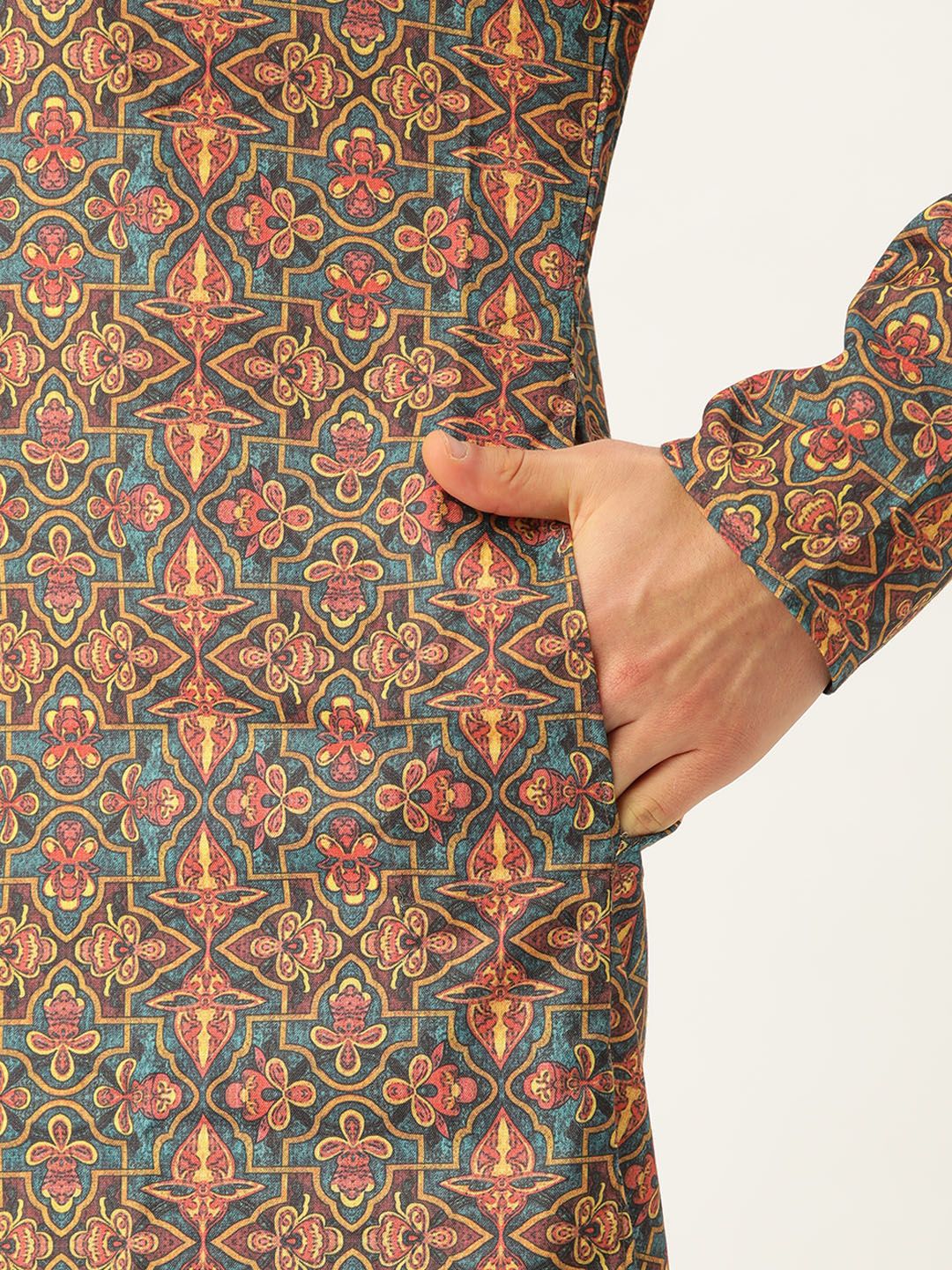 SOJANYA Men Teal Green & Pink Printed Straight Kurta