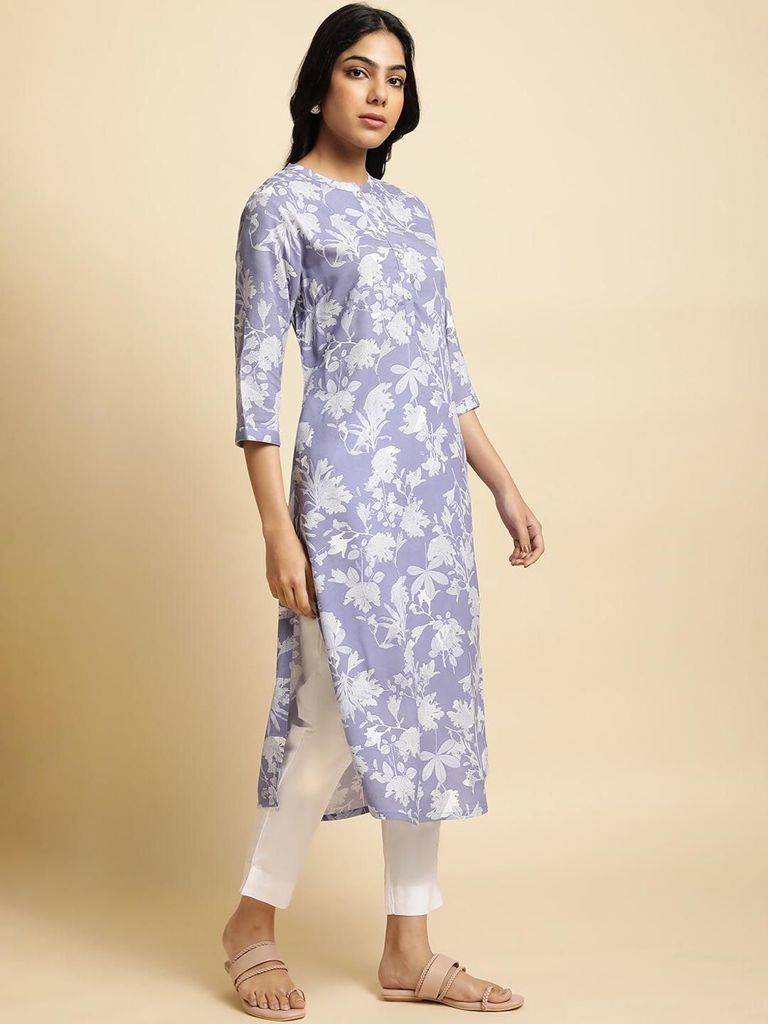 W Purple & White Floral Printed Band Collar Kurta