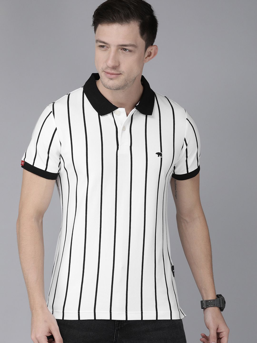 THE BEAR HOUSE Men White Black Striped Polo Collar Slim Fit Pure Cotton T-shirt