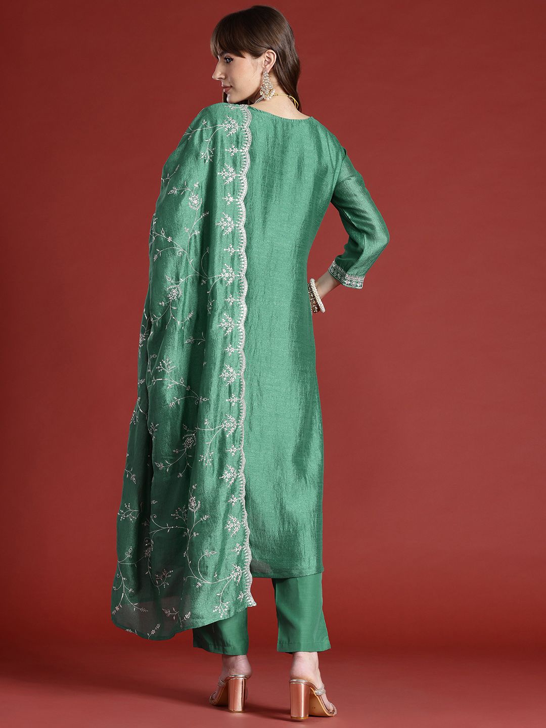 Indo Era Floral Embroidered Sequinned Kurta with Trousers & With Dupatta
