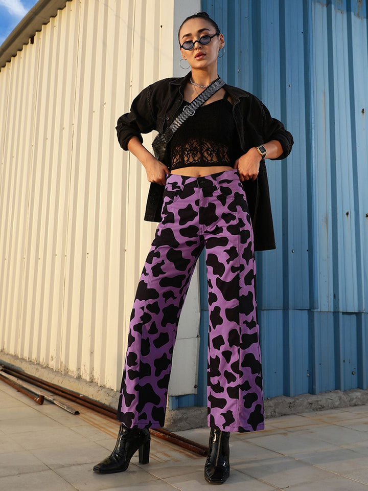 STREET 9 Women Lavender Printed Relaxed High-Rise Trousers