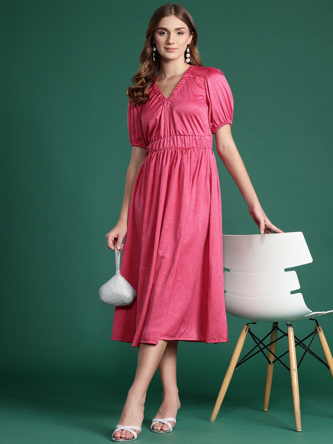 DressBerry Puff Sleeve A-Line Midi Dress