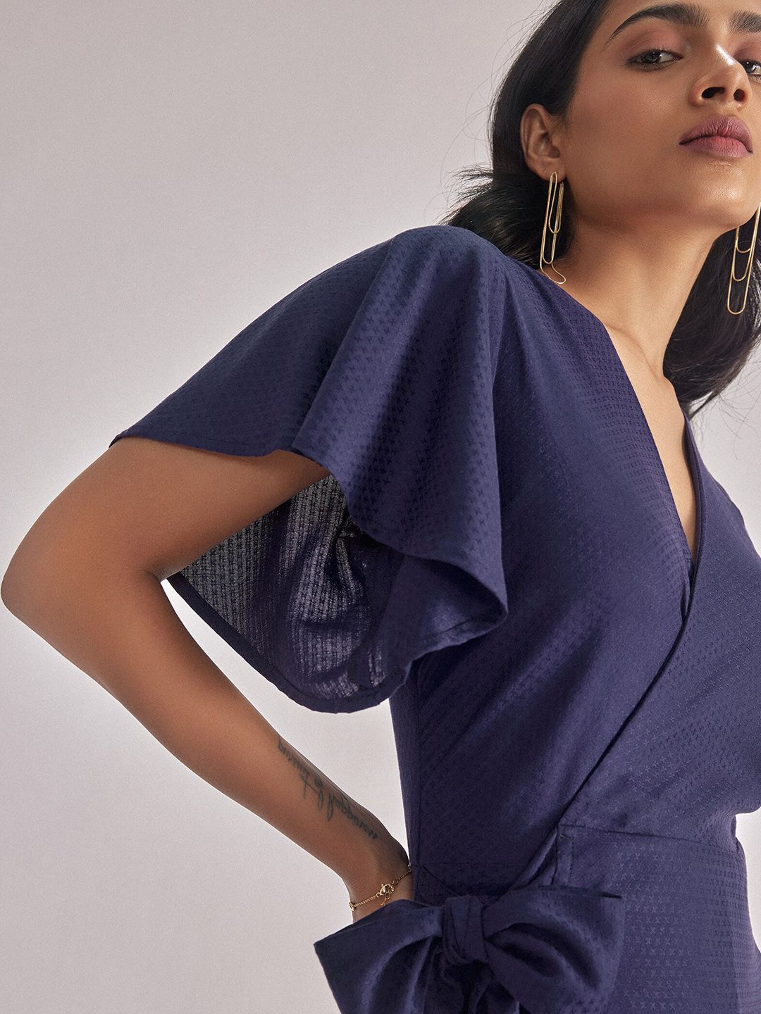 The Label Life Self Design Flared Sleeves Tie-Ups Wrap Dress