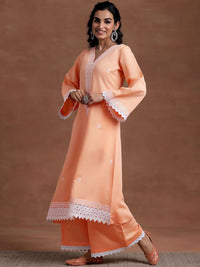 Libas V Neck Long Flared Sleeves Floral Embroidered A Line Kurta with Palazzo & Dupatta