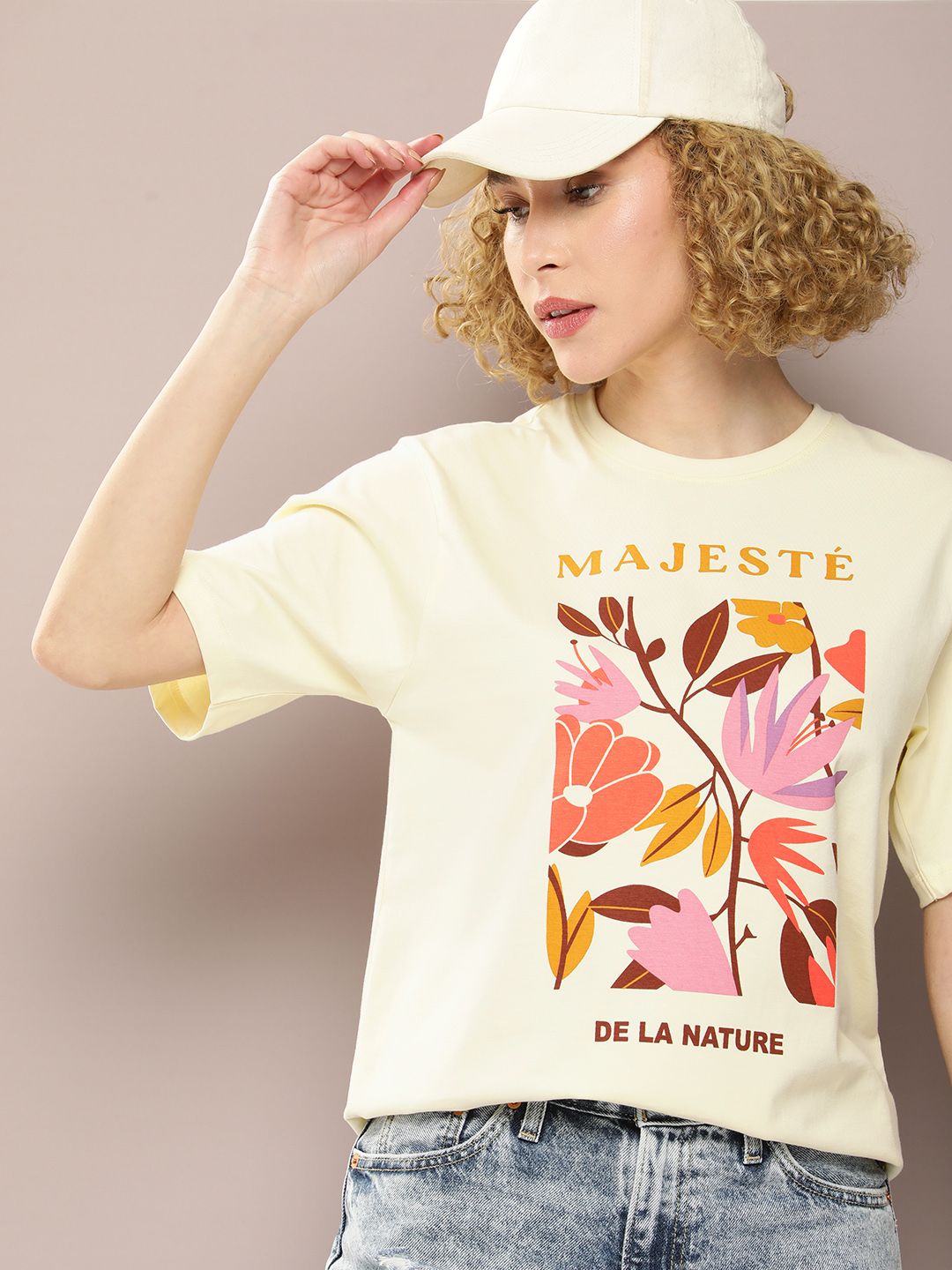 DILLINGER Floral Printed Oversized Drop-Shoulder Sleeves Pure Cotton T-shirt