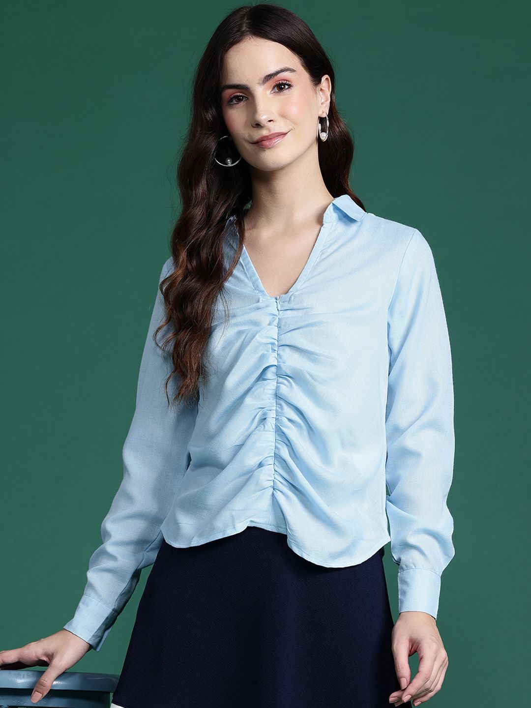DressBerry Ruched Shirt Collar Top