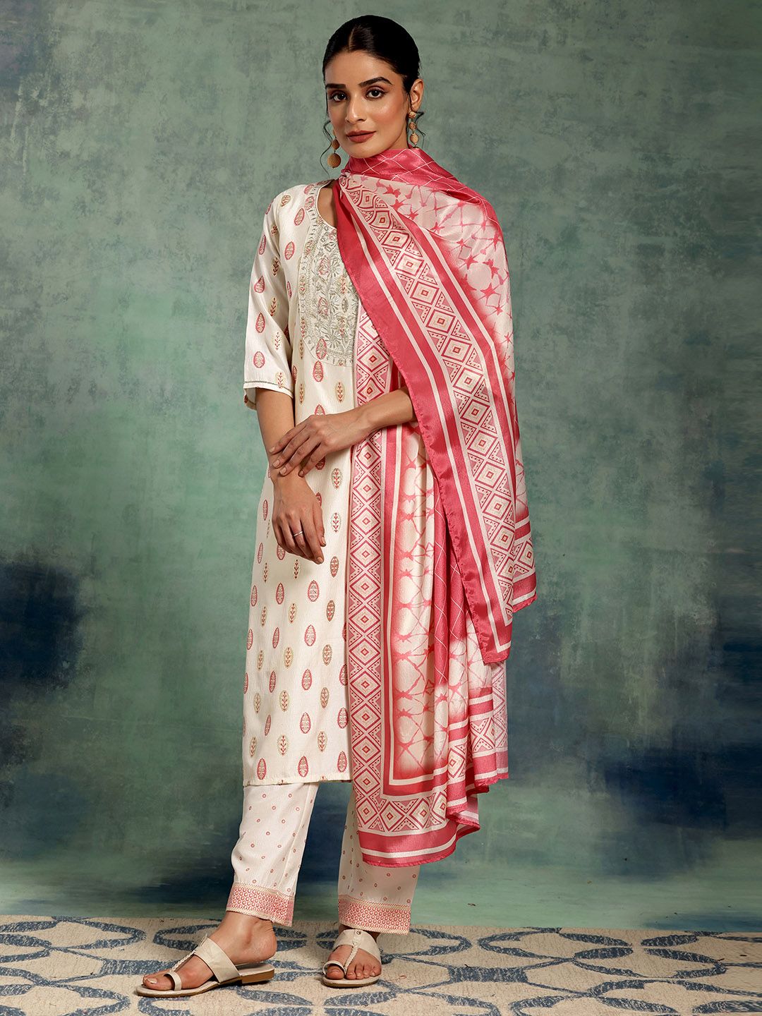 Libas White Floral Printed Thread Work Straight Kurta With Palazzos & Dupatta