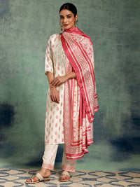 Libas White Floral Printed Thread Work Straight Kurta With Palazzos & Dupatta