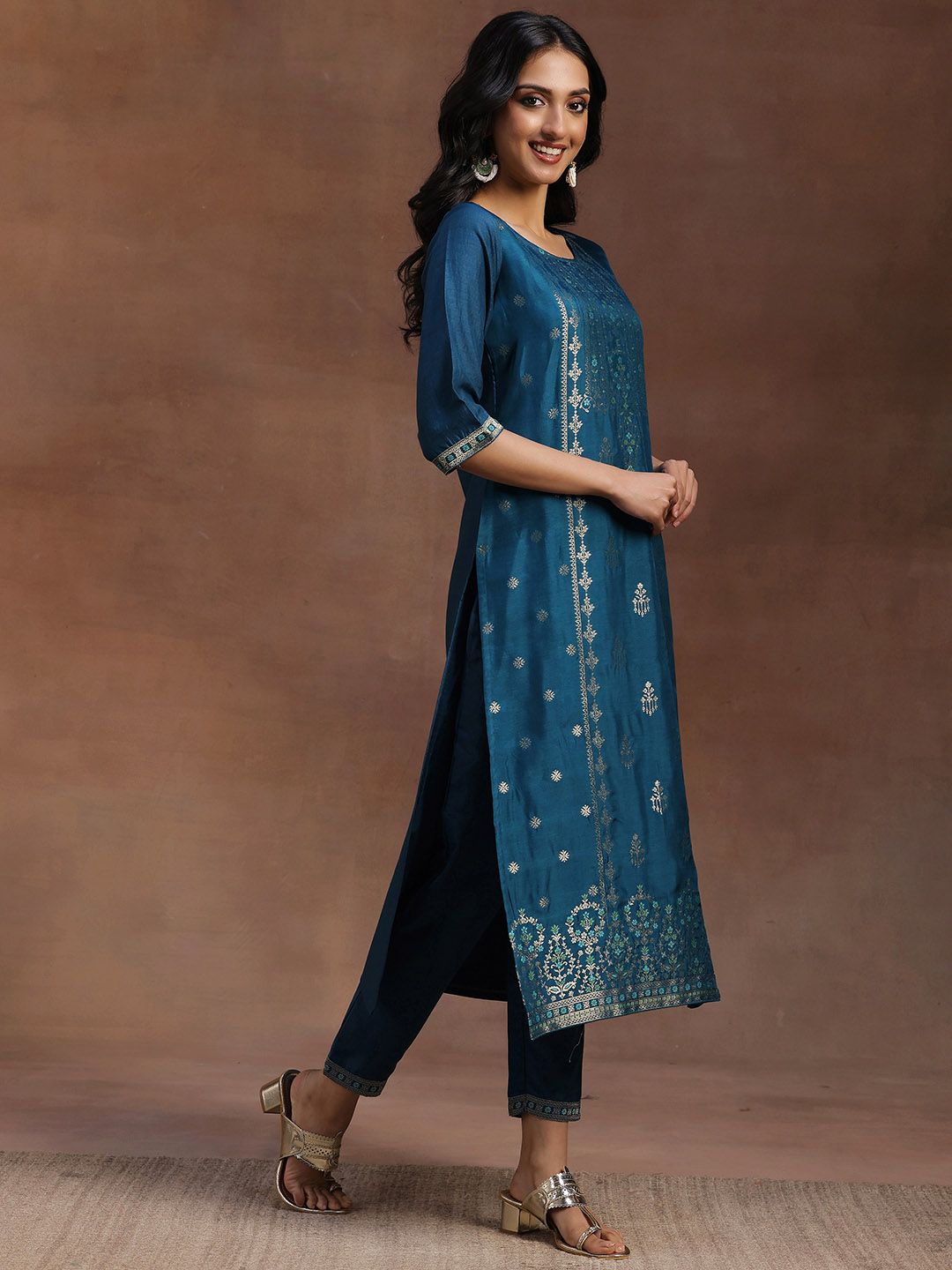 Libas Women Teal Blue & Gold Ethnic Motifs Zari Straight Kurta with Trousers Dupatta