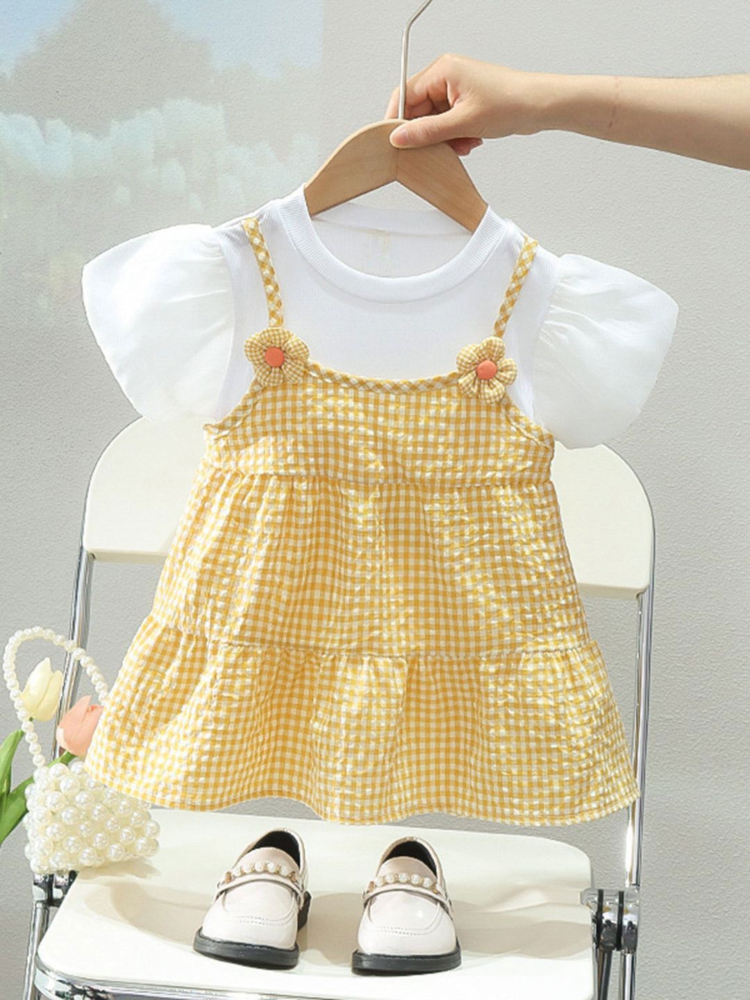 YK Girls Cotton Checked Pinafore Dress