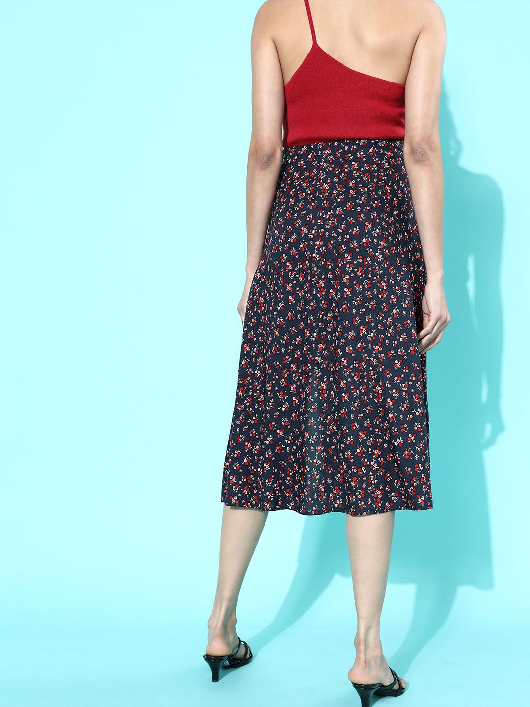 Berrylush Navy Blue Micro or Ditsy Floral Printed Polyester Crepe Casual Midi Flared Skirt