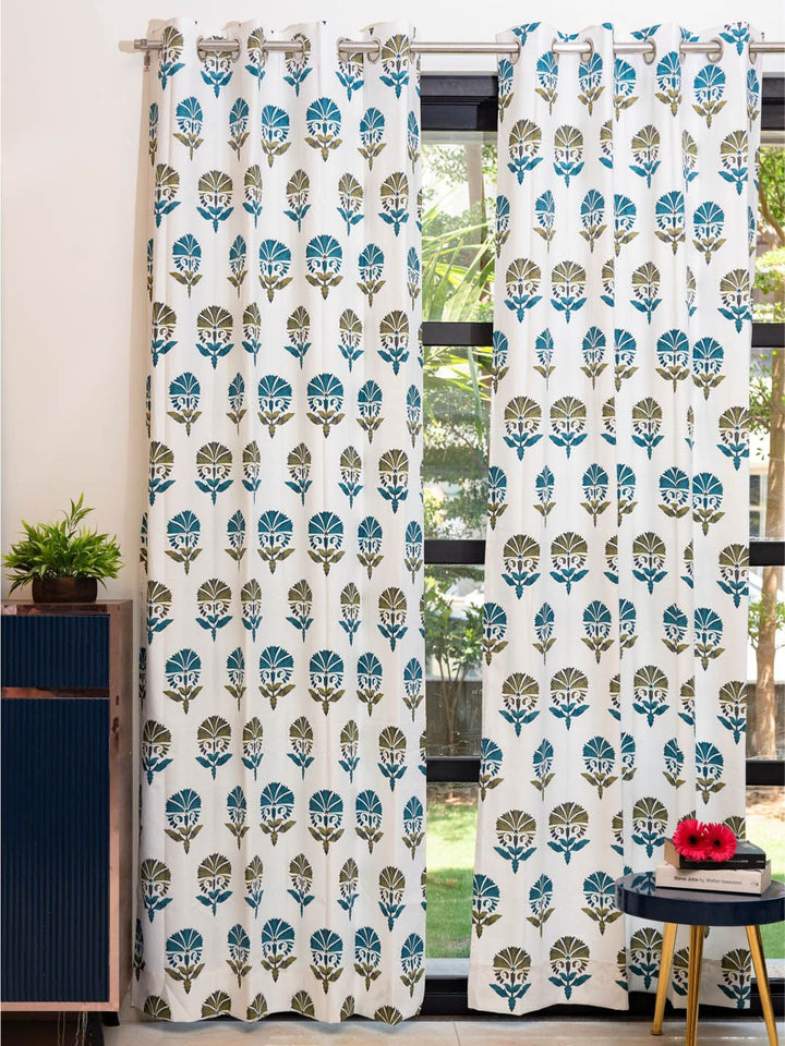 URBAN SPACE White & Blue 2 Pieces Floral Printed Window Curtain