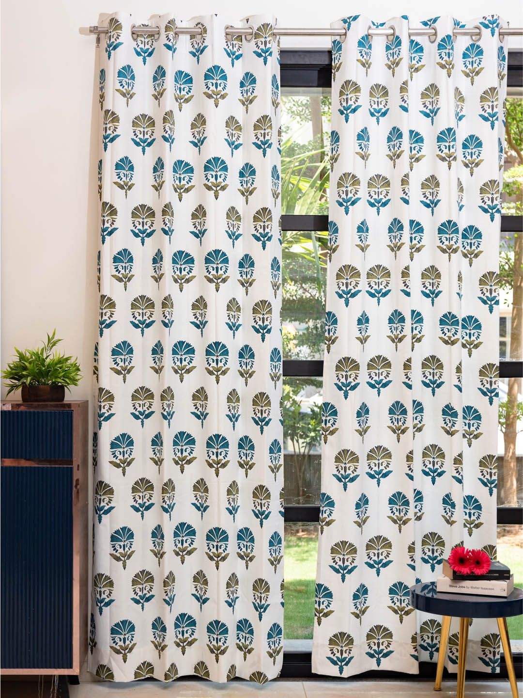 URBAN SPACE White & Blue 2 Pieces Floral Printed Window Curtain