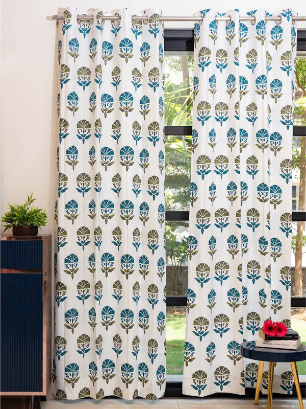URBAN SPACE White & Blue 2 Pieces Floral Printed Window Curtain