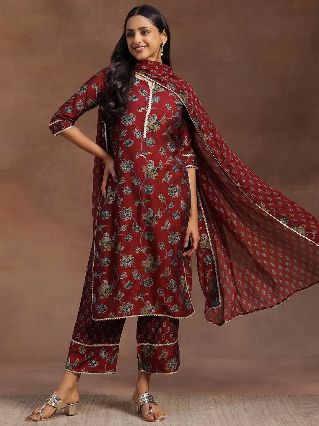 Libas Women Maroon & Green Floral Print Kurta with Palazzos & Dupatta