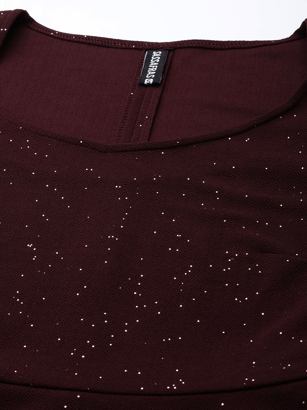 SASSAFRAS Burgundy Solid Shimmer Puff Sleeves Peplum Top