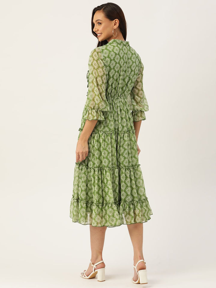 Antheaa Green & White Chiffon Geometric Print Tiered Dress
