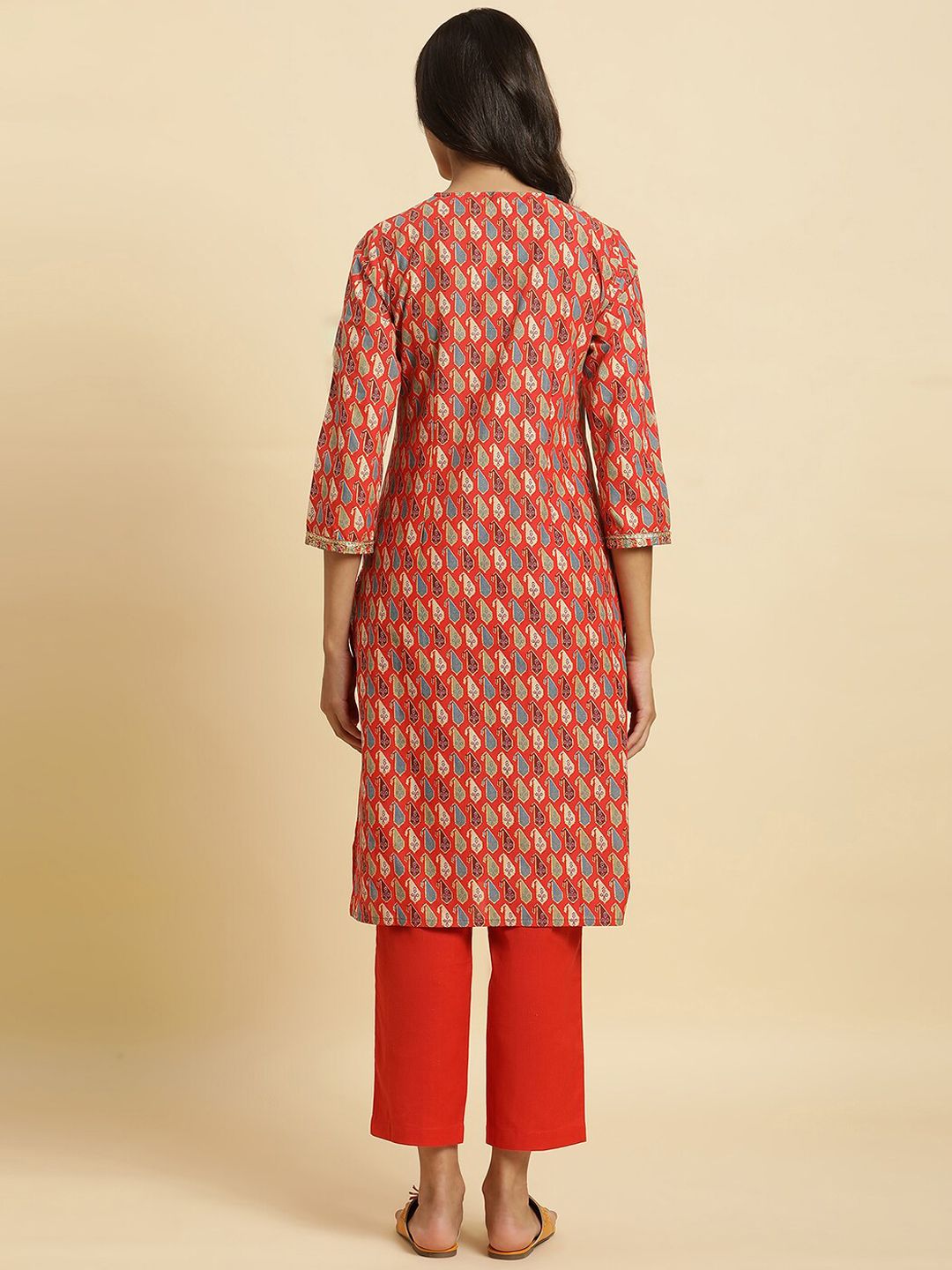 W Ethnic Motifs Printed Sequinned Pure Cotton A-Line Kurta