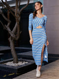 SASSAFRAS Striped Side Slit Cut-Out Detail Sheath Midi Dress