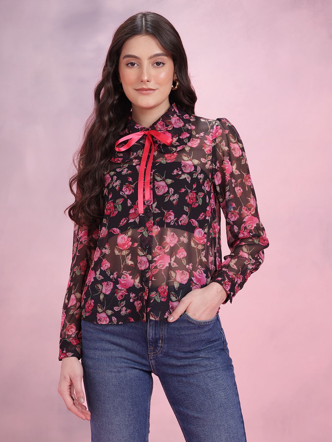 DressBerry Women Floral Semi Sheer Casual Shirt