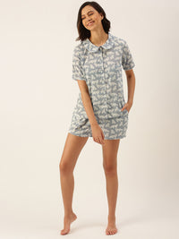 SANSKRUTIHOMES Women Grey & Off White Pure Cotton Printed Shorts Set