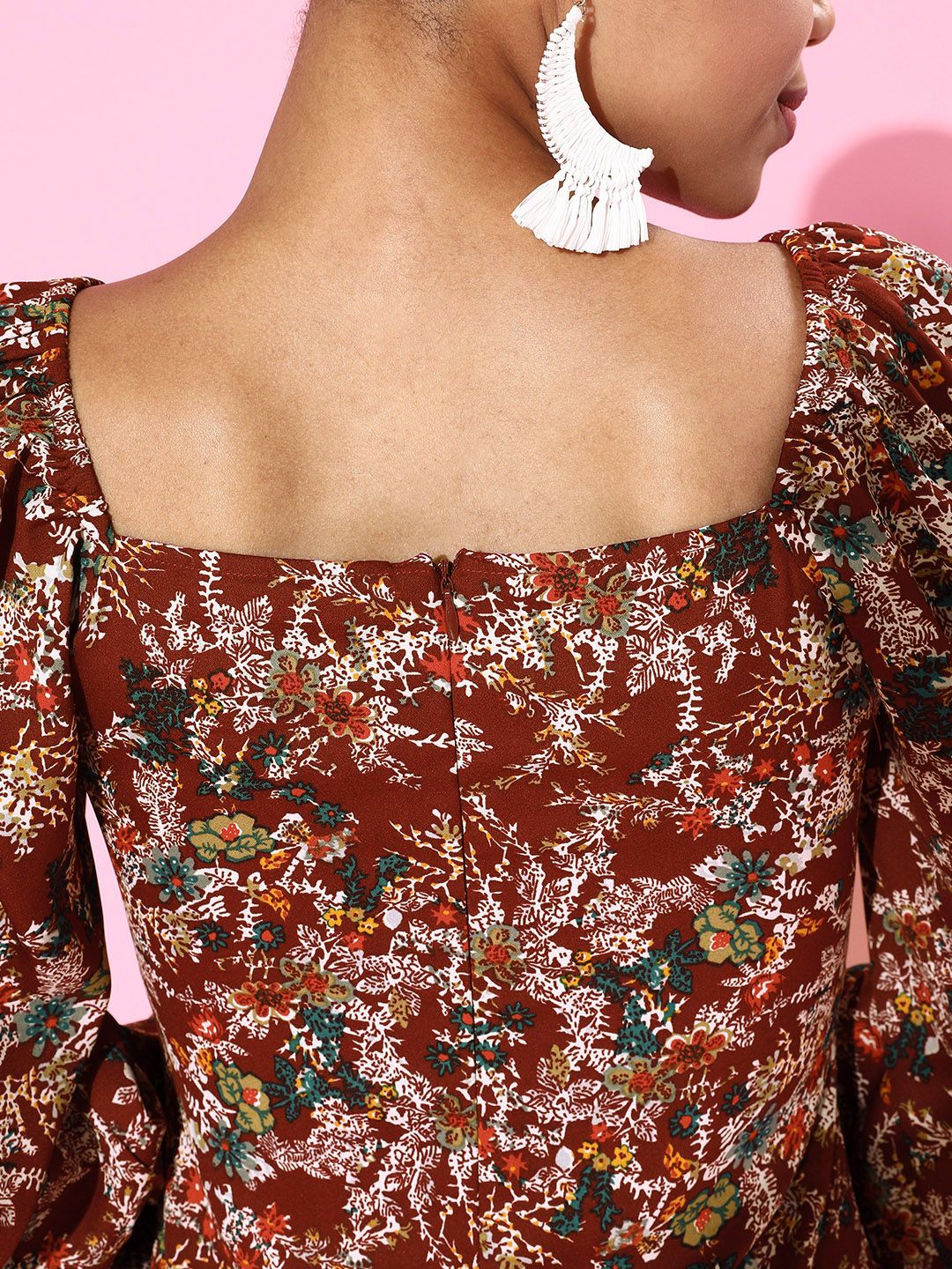 Berrylush Women Charming Maroon Floral Sweetheart Neck Dress