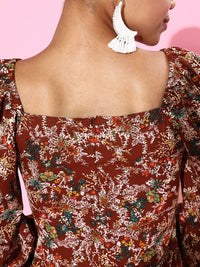 Berrylush Women Charming Maroon Floral Sweetheart Neck Dress