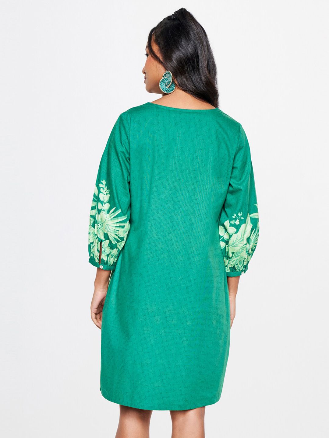 Global Desi Floral Printed Puff Sleeves Gathered Pure Cotton A-Line Dress
