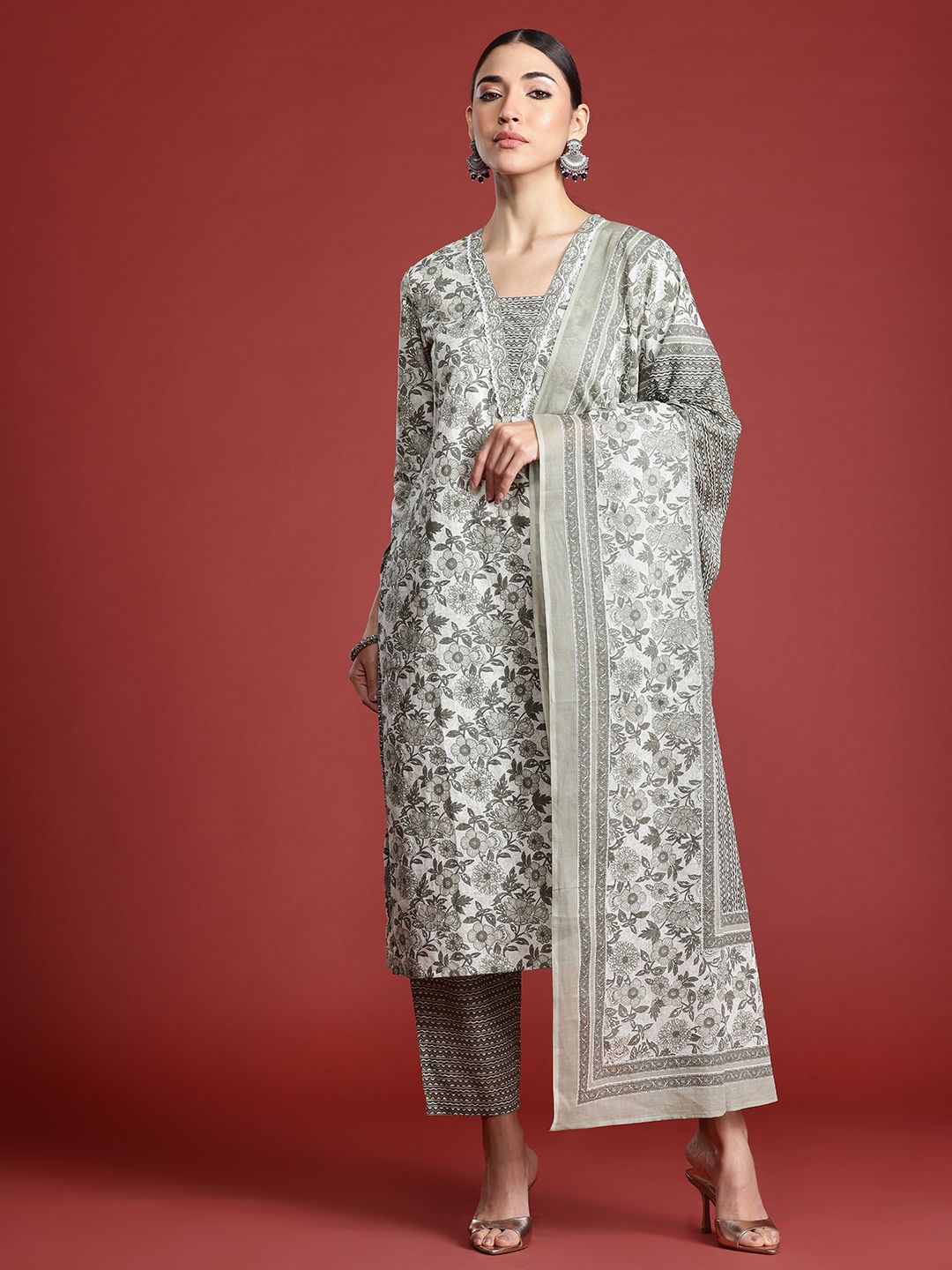 Indo Era Women Floral Printed Pure Cotton Kurta with Trousers & With Dupatta