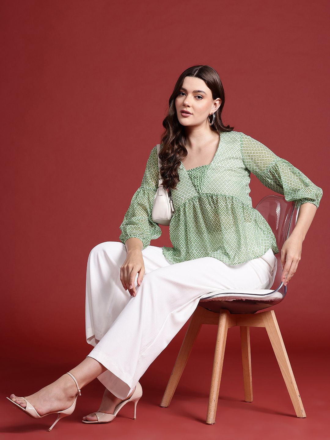 all about you Geometric Print Puff Sleeve Empire Top