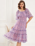 Antheaa Square Neck Floral Printed Tiered Chiffon Fit & Flare Midi Dress