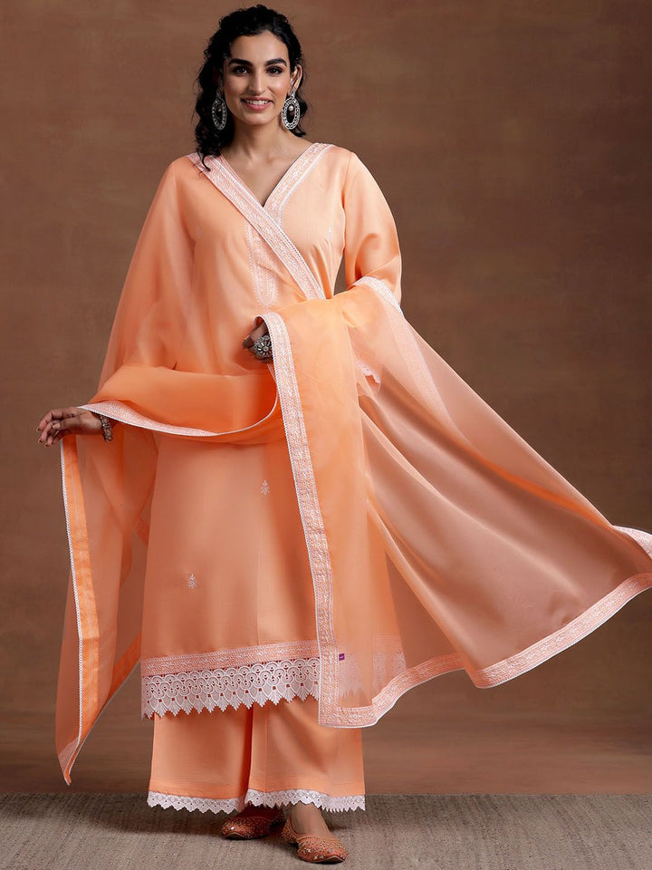Libas V Neck Long Flared Sleeves Floral Embroidered A Line Kurta with Palazzo & Dupatta