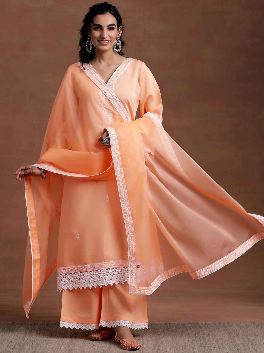 Libas V Neck Long Flared Sleeves Floral Embroidered A Line Kurta with Palazzo & Dupatta
